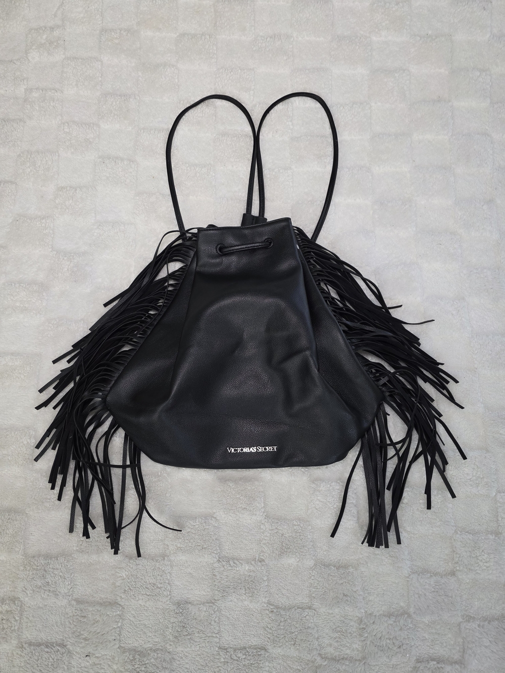 VICTORIA'S SECRET FAUX LEATHER FRINGE DRAWSTRING BACKPACK BLACK NWOT